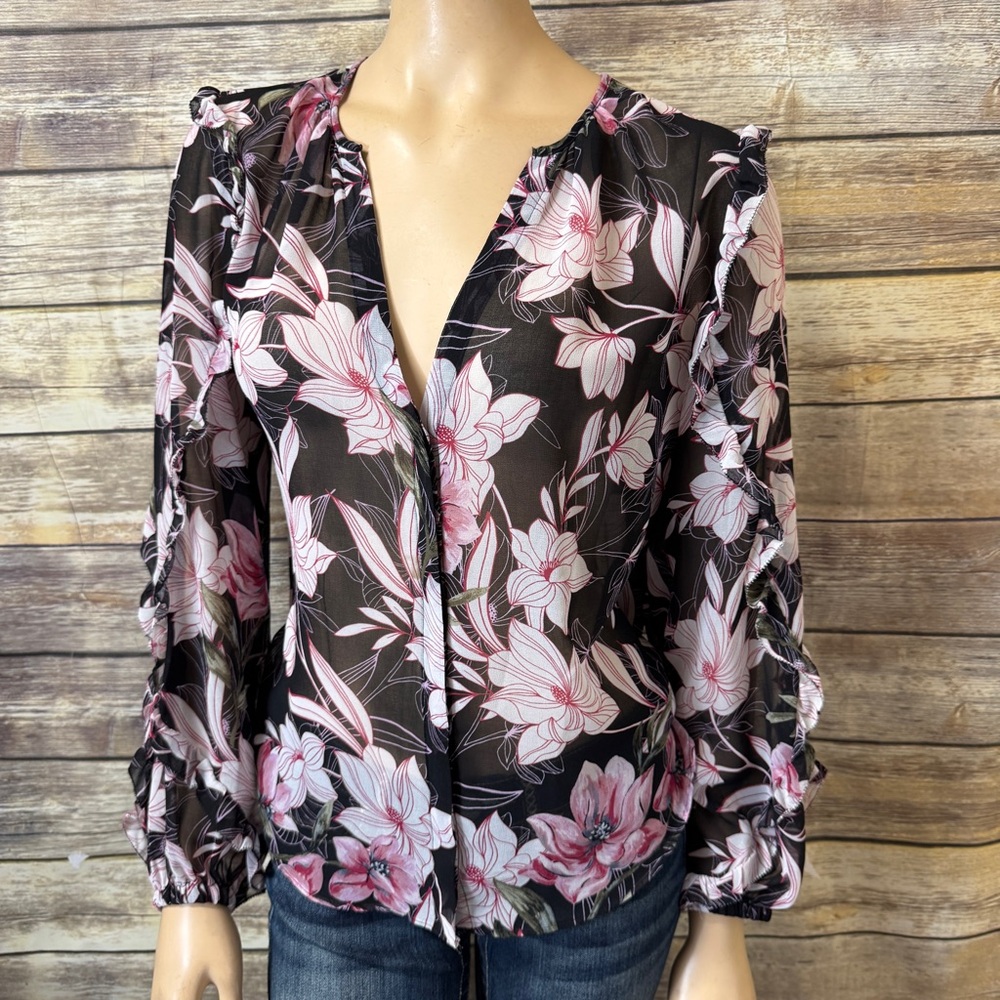 White House Black‎ Market Ruffle Long Sleeve Blouse S Small Black Magnolia Sheer